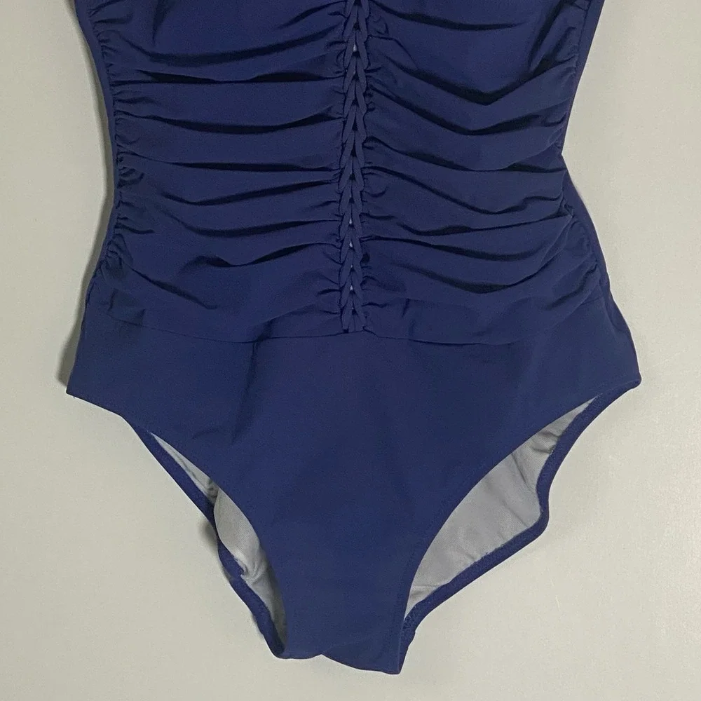 Profile By Gottex Ruched One Piece Swimsuit Womens 12 D Navy Blue Adjustable Fun